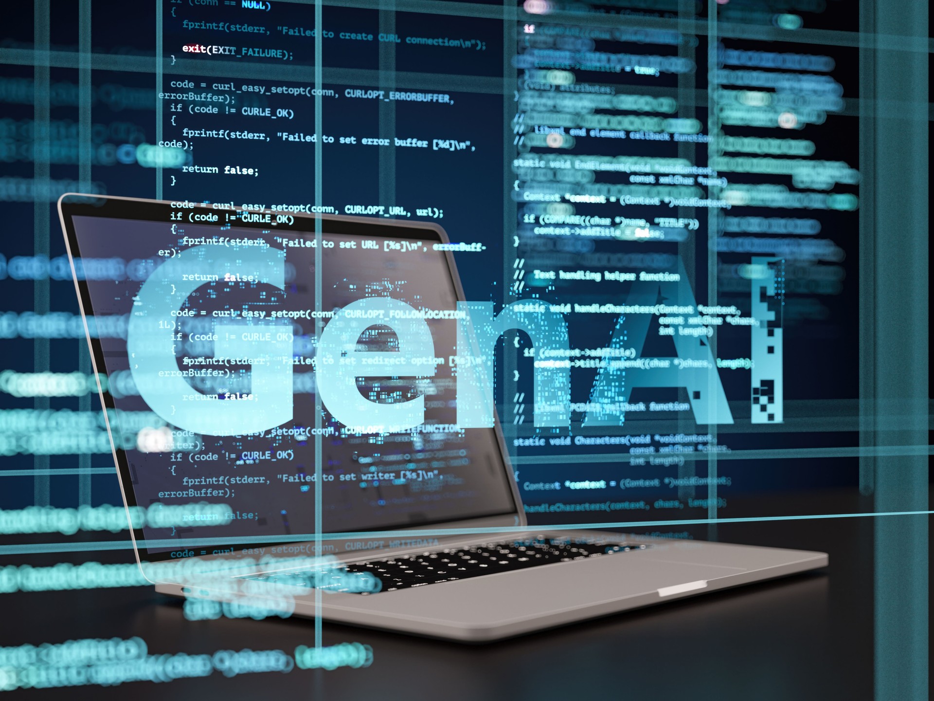 Generative AI course illustration showing AI agents, neural networks, and digital data flow, representing prompt engineering and autonomous AI systems training.